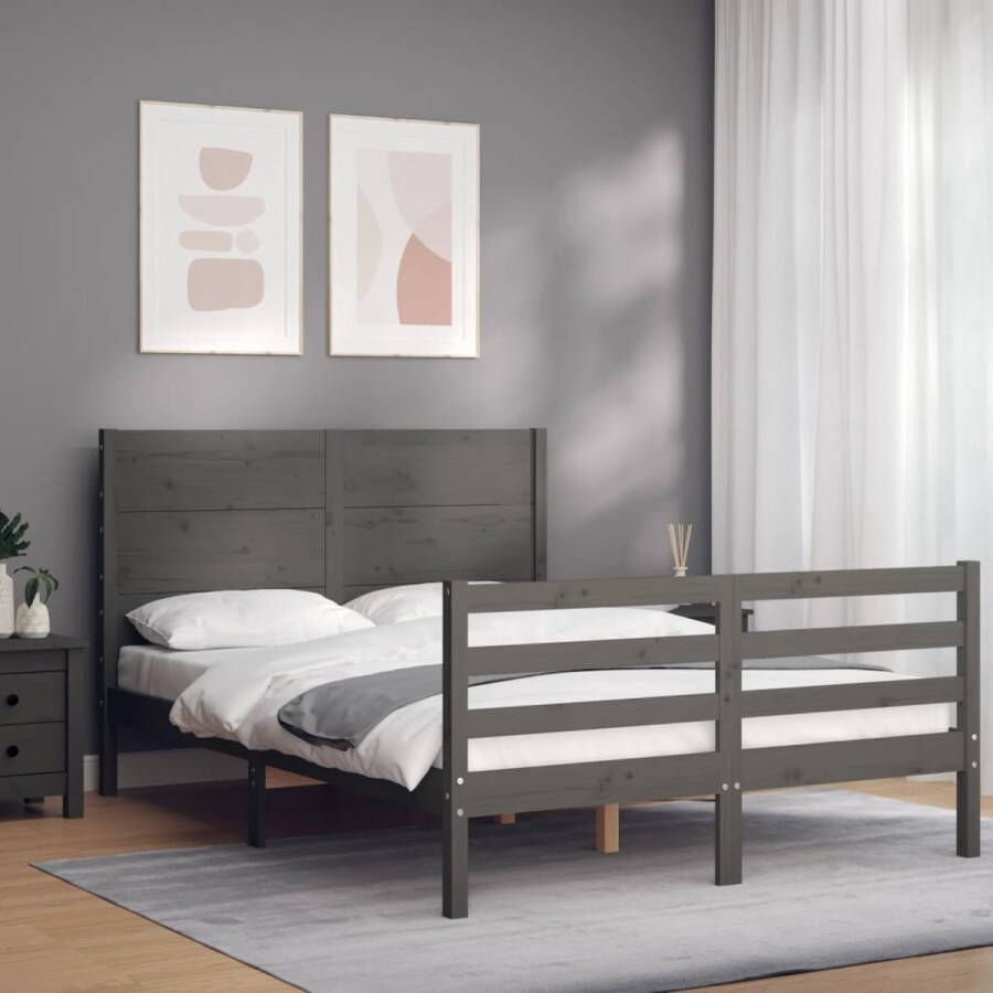 The Living Store Bedframe met hoofdbord massief hout grijs 140x190 cm Bedframe Bedframes Bed Tweepersoonsbed Slaapkamermeubel Houten Bedframe Houten Bed Bedbodem Massief Houten Bedframe Ledikant Bedframe Met Hoofdeinde - Foto 9