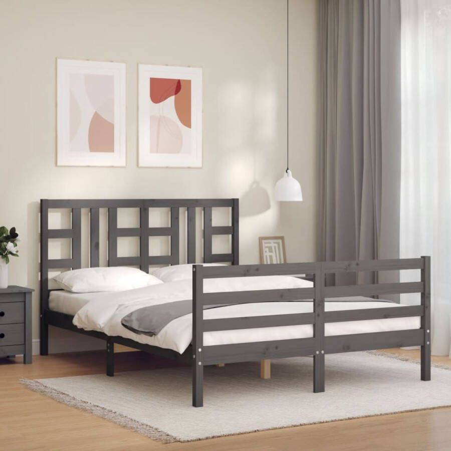 The Living Store Bedframe met hoofdbord massief hout grijs 140x190 cm Bedframe Bedframes Bed Tweepersoonsbed Slaapkamermeubel Houten Bedframe Houten Bed Bedbodem Massief Houten Bedframe Ledikant Bedframe Met Hoofdeinde - Foto 4