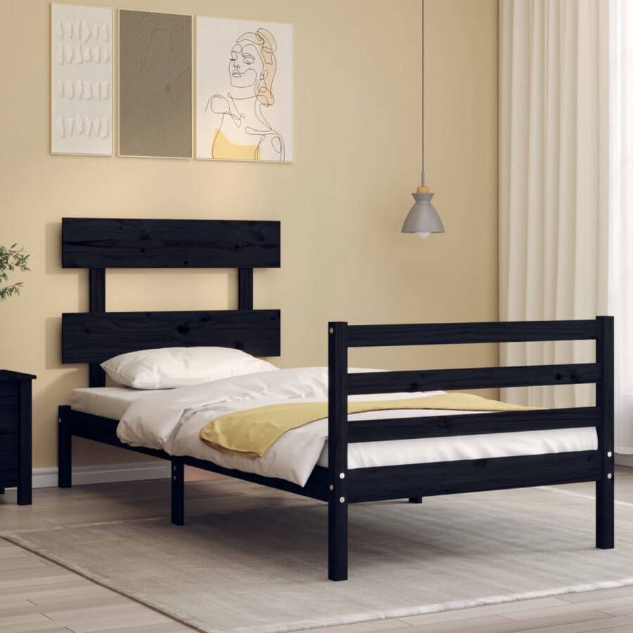 The Living Store Bedframe met hoofdbord massief hout zwart 2FT6 Small Single Bedframe Bedframes Bed Eenpersoonsbed Slaapkamermeubel Houten Bedframe Houten Bed Bedbodem Massief Houten Bedframe Ledikant Bedframe Met Hoofdeinde - Foto 2