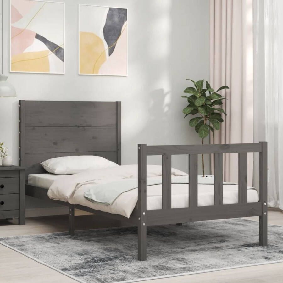 The Living Store Bedframe met hoofdeinde massief hout grijs 90x190 cm Bedframe Bedframes Bed Eenpersoonsbed Slaapkamermeubel Houten Bedframe Houten Bed Bedbodem Massief Houten Bedframe Ledikant Bedframe Met Hoofdeinde - Foto 4