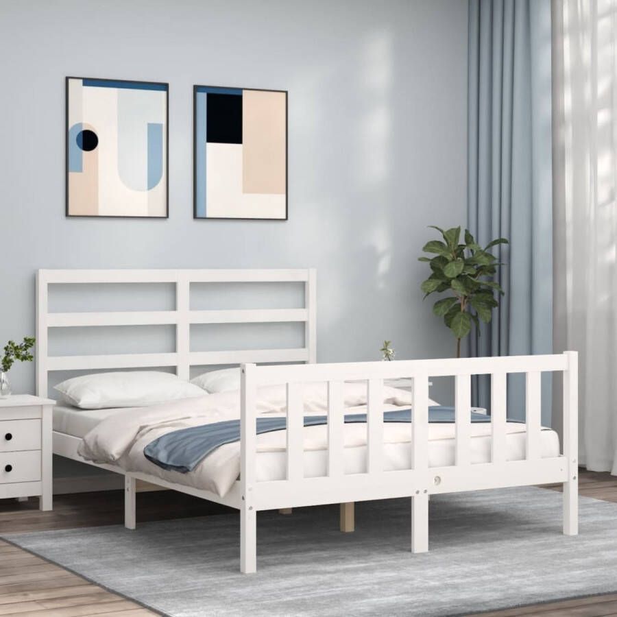 The Living Store Bedframe met hoofdbord massief hout wit 4FT Small Double Bedframe Bedframes Bed Tweepersoonsbed Slaapkamermeubel Houten Bedframe Houten Bed Bedbodem Massief Houten Bedframe Ledikant Bedframe Met Hoofdeinde - Foto 2