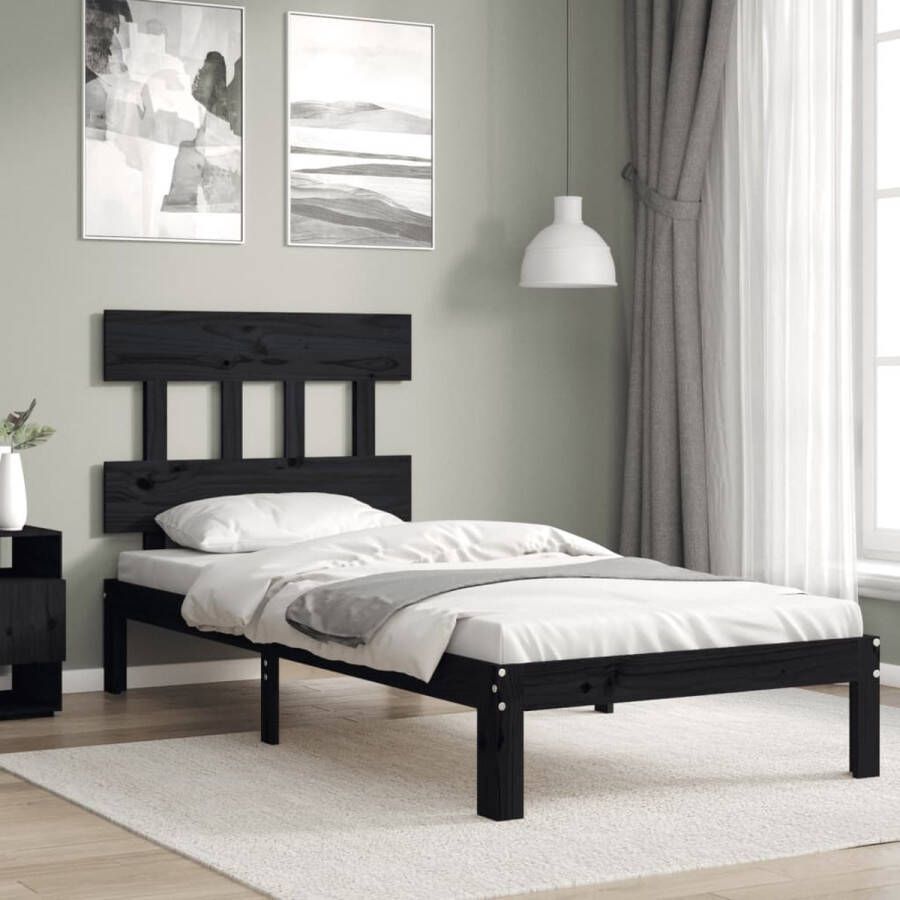 The Living Store Bedframe met hoofdbord massief hout zwart 90x200 cm Bedframe Bedframes Bed Eenpersoonsbed Slaapkamermeubel Houten Bedframe Houten Bed Bedbodem Massief Houten Bedframe Ledikant Bedframe Met Hoofdeinde