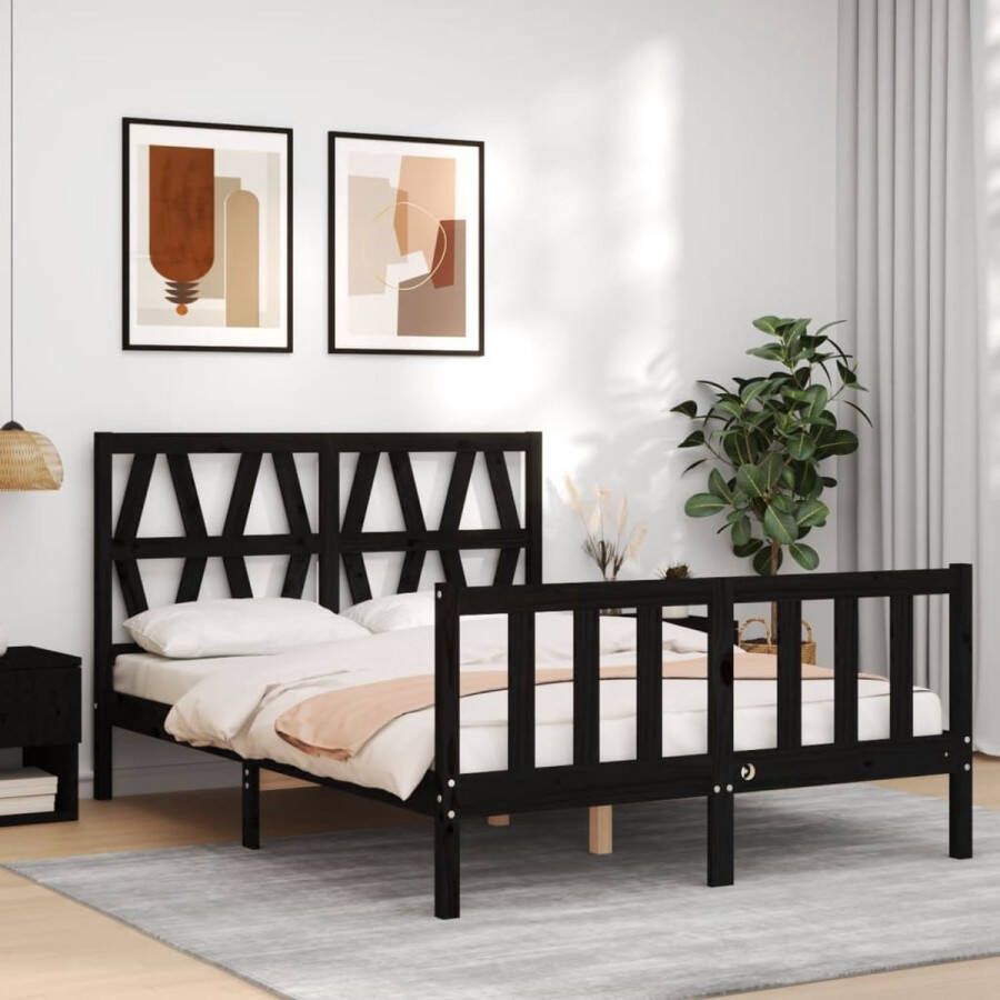 The Living Store Bedframe met hoofdbord massief hout zwart 140x200 cm Bedframe Bedframes Bed Tweepersoonsbed Slaapkamermeubel Houten Bedframe Houten Bed Bedbodem Massief Houten Bedframe Ledikant Bedframe Met Hoofdeinde - Foto 4