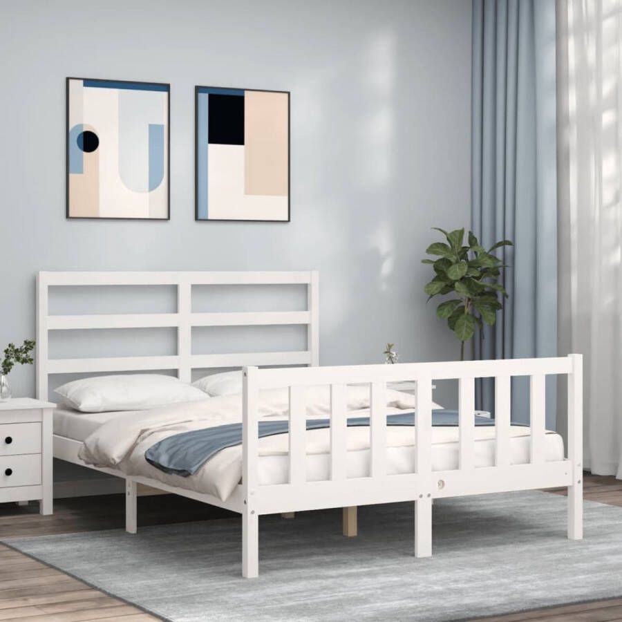 The Living Store Bedframe met hoofdbord massief hout wit 140x200 cm Bedframe Bedframes Bed Tweepersoonsbed Slaapkamermeubel Houten Bedframe Houten Bed Bedbodem Massief Houten Bedframe Ledikant Bedframe Met Hoofdeinde - Foto 3