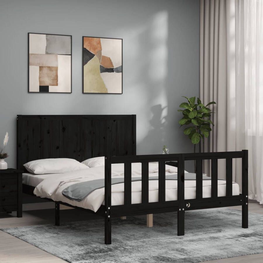 The Living Store Bedframe met hoofdbord massief hout zwart 140x200 cm Bedframe Bedframes Bed Tweepersoonsbed Slaapkamermeubel Houten Bedframe Houten Bed Bedbodem Massief Houten Bedframe Ledikant Bedframe Met Hoofdeinde - Foto 3