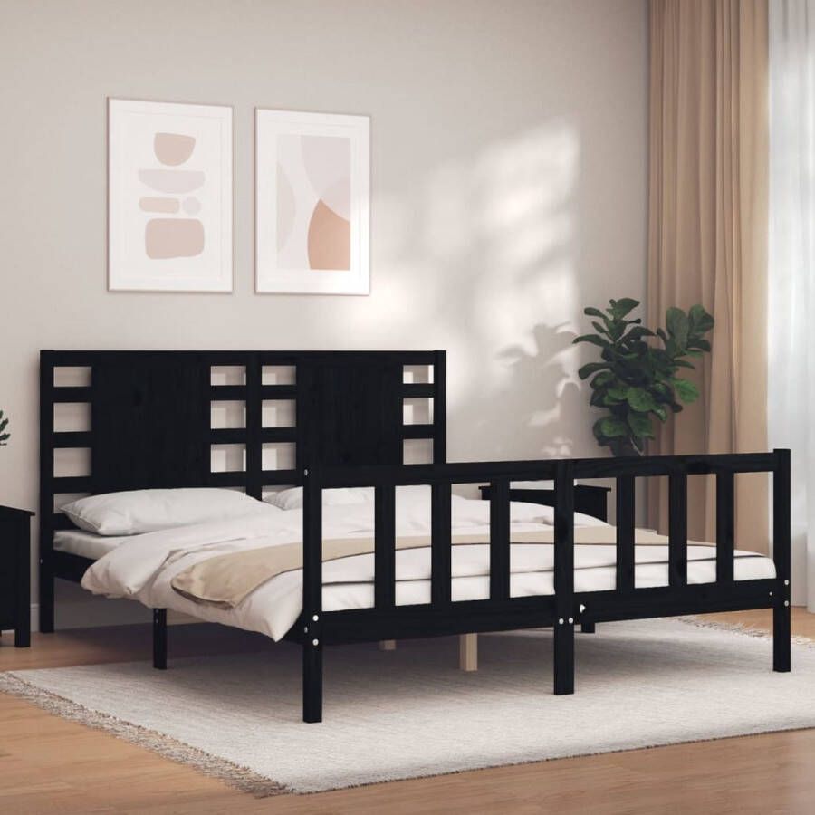 The Living Store Bedframe met hoofdbord massief hout zwart 160x200 cm Bedframe Bedframes Bed Tweepersoonsbed Slaapkamermeubel Houten Bedframe Houten Bed Bedbodem Massief Houten Bedframe Ledikant Bedframe Met Hoofdeinde - Foto 4