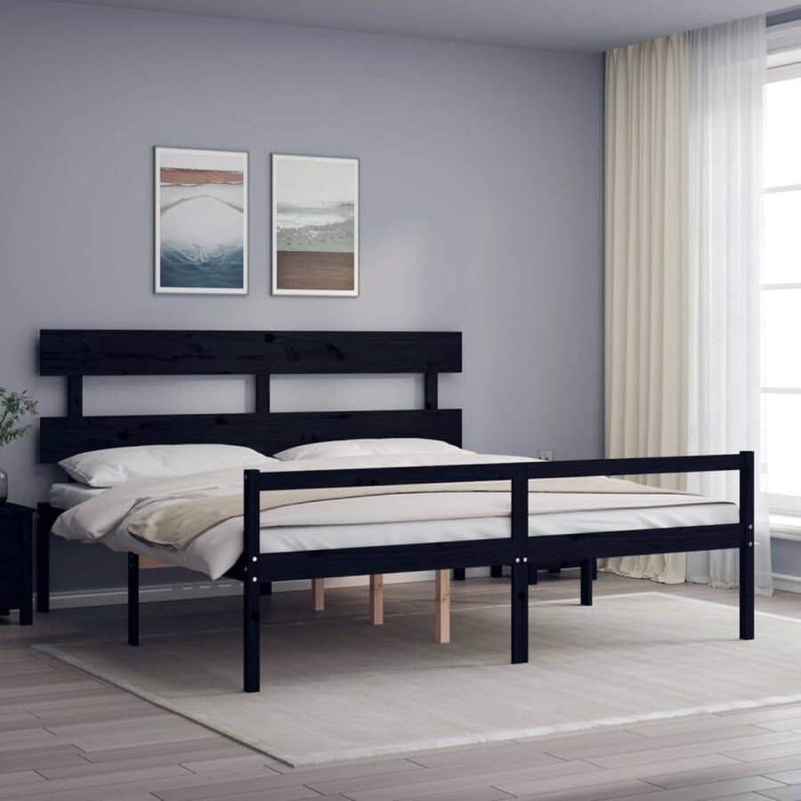 The Living Store Bedframe met hoofdbord massief hout zwart 200x200 cm Bedframe Bedframes Bed Tweepersoonsbed Slaapkamermeubel Houten Bedframe Houten Bed Bedbodem Massief Houten Bedframe Ledikant Bedframe Met Hoofdeinde - Foto 3