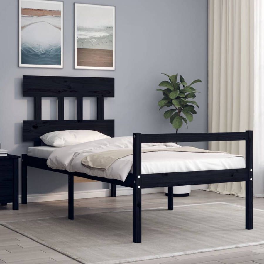 The Living Store Bedframe Massief Grenenhout Bedframe Afmetingen- 205.5 x 105.5 x 81 cm Kleur- Zwart