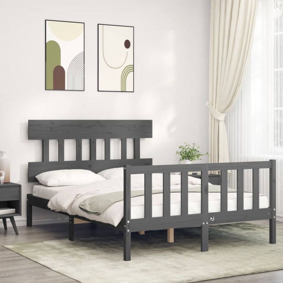 The Living Store Bedframe met hoofdbord massief hout grijs 4FT6 Double Bedframe Bedframes Bed Tweepersoonsbed Slaapkamermeubel Houten Bedframe Houten Bed Bedbodem Massief Houten Bedframe Ledikant Bedframe Met Hoofdeinde - Foto 5