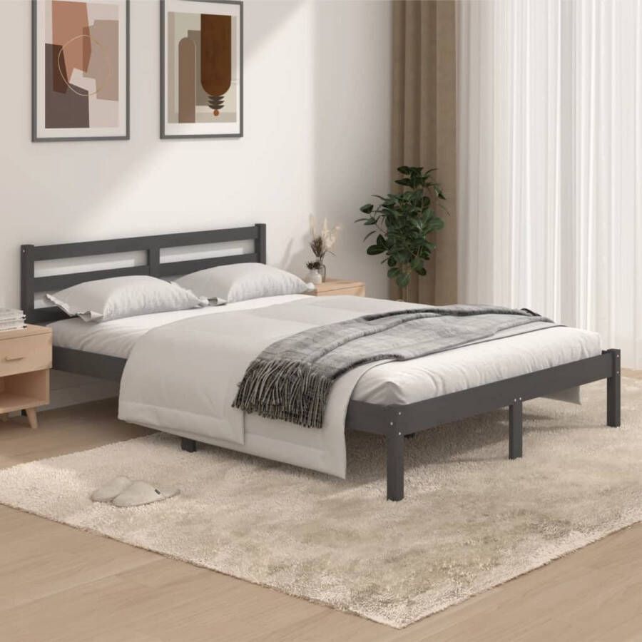 The Living Store Bedframe massief grenenhout grijs 135x190 cm 4FT6 Double Bedframe Bedframes Bed Bedbodem Ledikant Bed Frame Massief Houten Bedframe Slaapmeubel Bedden Bedbodems Ledikanten