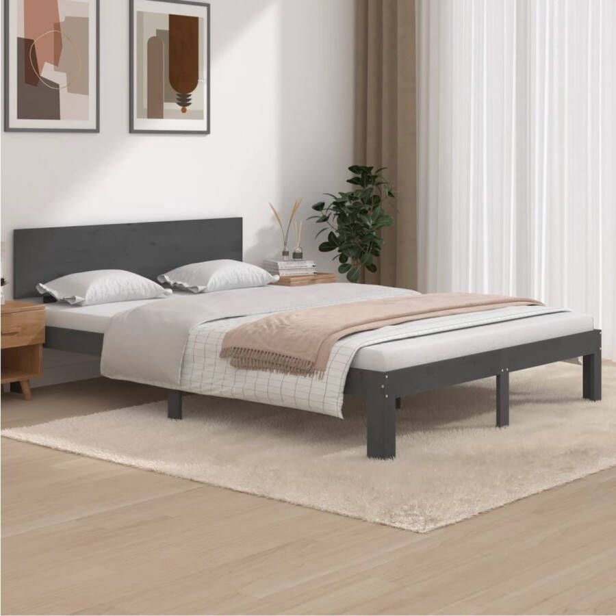 The Living Store Houten Bedframe Grijs 205.5 x 143.5 x 69.5 cm Massief grenenhout Multiplex lattenbodem Houten Bedframe Massief Grenenhout Bedframe Grijs Tweepersoons Bed Boxspring Bed