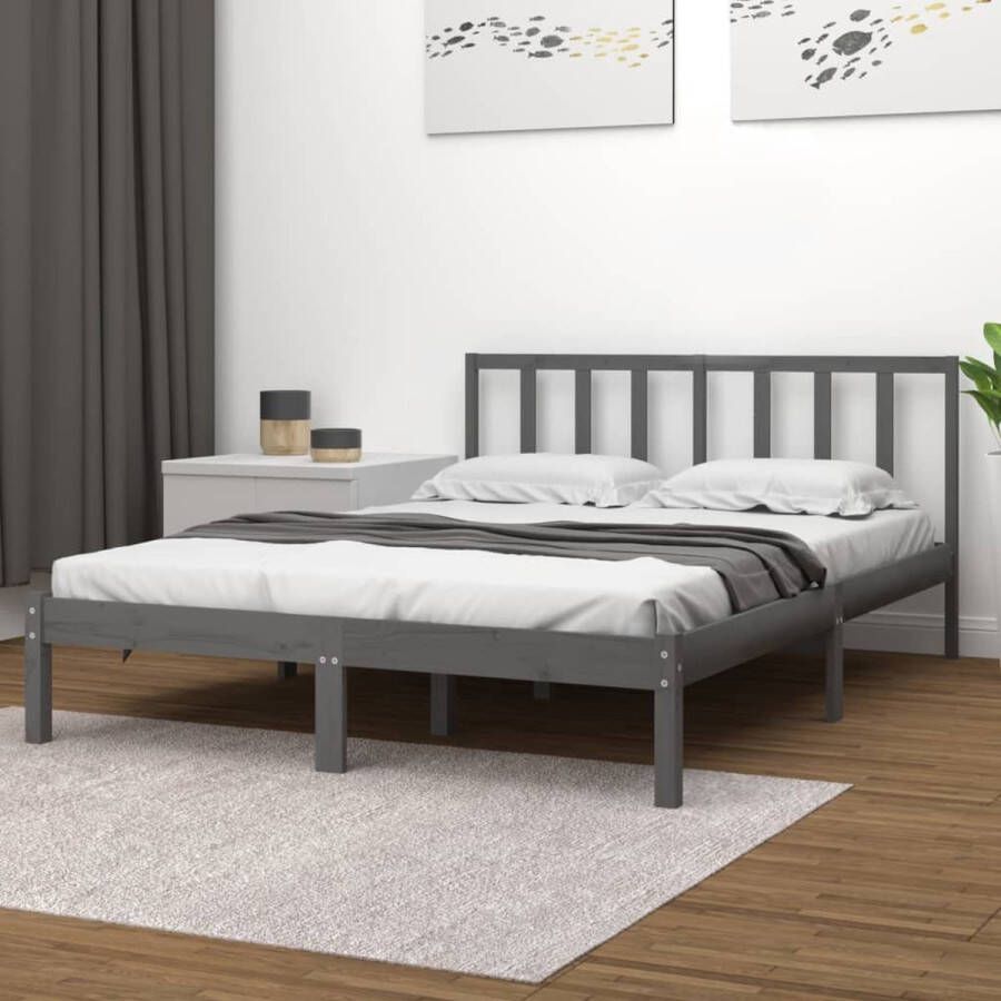 The Living Store Bedframe massief grenenhout grijs 150x200 cm 5FT King Size Bedframe Bedframes Bed Bedbodem Ledikant Bed Frame Massief Houten Bedframe Slaapmeubel Tweepersoonsbed Bedden Bedbodems