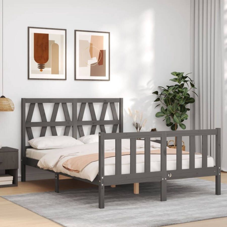 The Living Store Bedframe met hoofdbord massief hout grijs 4FT Small Double Bedframe Bedframes Bed Tweepersoonsbed Slaapkamermeubel Houten Bedframe Houten Bed Bedbodem Massief Houten Bedframe Ledikant Bedframe Met Hoofdeinde - Foto 4