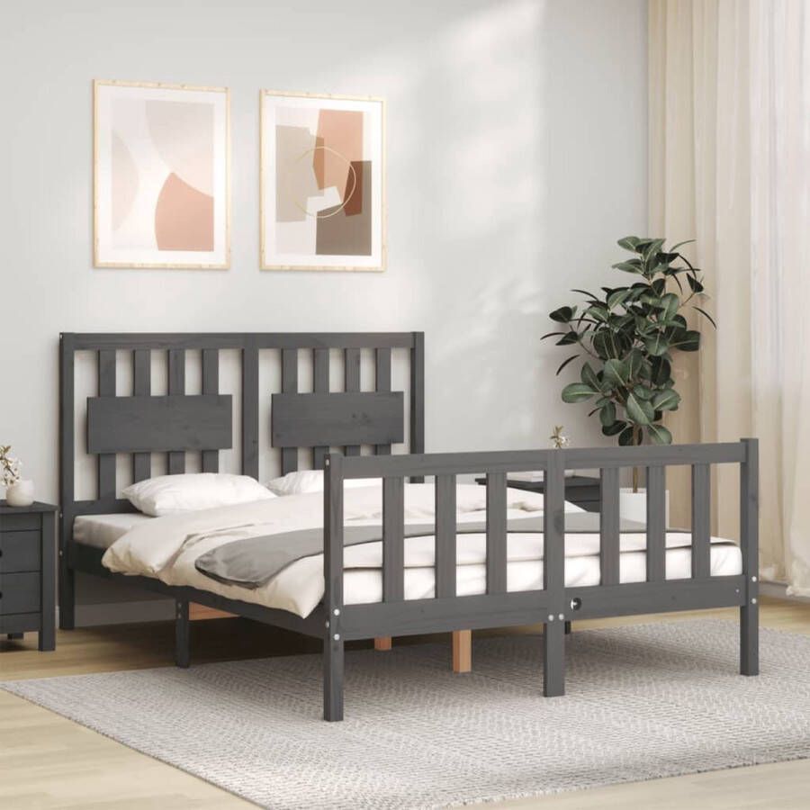 The Living Store Bedframe met hoofdbord massief hout grijs 140x190 cm Bedframe Bedframes Bed Tweepersoonsbed Slaapkamermeubel Houten Bedframe Houten Bed Bedbodem Massief Houten Bedframe Ledikant Bedframe Met Hoofdeinde - Foto 4