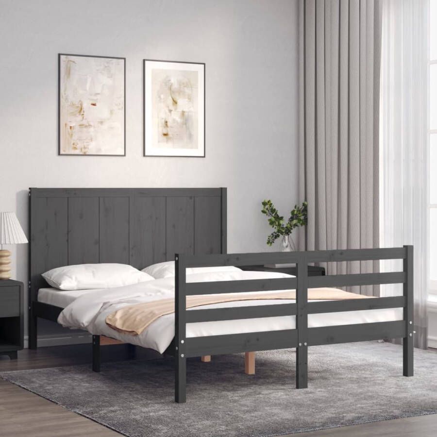 The Living Store Bedframe met hoofdbord massief hout grijs 140x190 cm Bedframe Bedframes Bed Tweepersoonsbed Slaapkamermeubel Houten Bedframe Houten Bed Bedbodem Massief Houten Bedframe Ledikant Bedframe Met Hoofdeinde - Foto 8