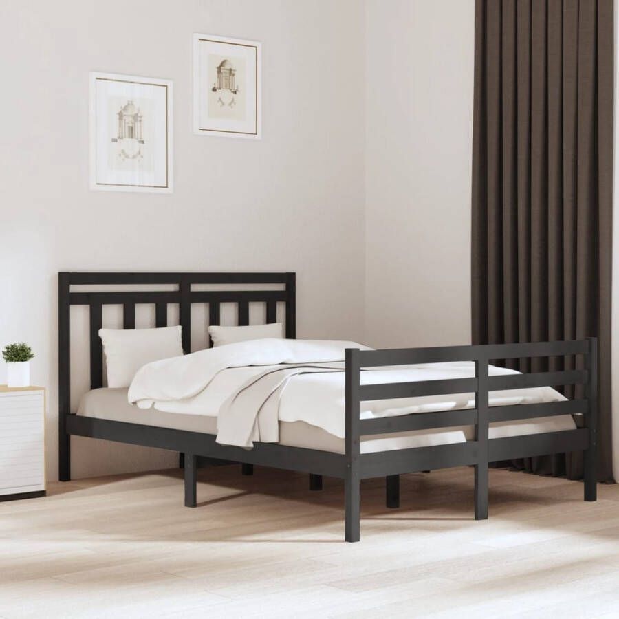 The Living Store Bedframe massief hout grijs 140x190 cm Bedframe Bedframes Tweepersoonsbed Bed Bedombouw Dubbel Bed Frame Bed Frame Ledikant Houten Bedframe Tweepersoonsbedden - Foto 2
