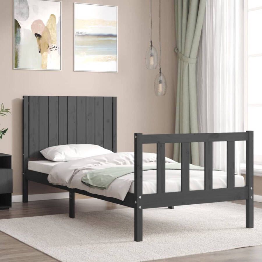 The Living Store Bedframe met hoofdeinde massief hout grijs 90x190 cm Bedframe Bedframes Bed Eenpersoonsbed Slaapkamermeubel Houten Bedframe Houten Bed Bedbodem Massief Houten Bedframe Ledikant Bedframe Met Hoofdeinde - Foto 3