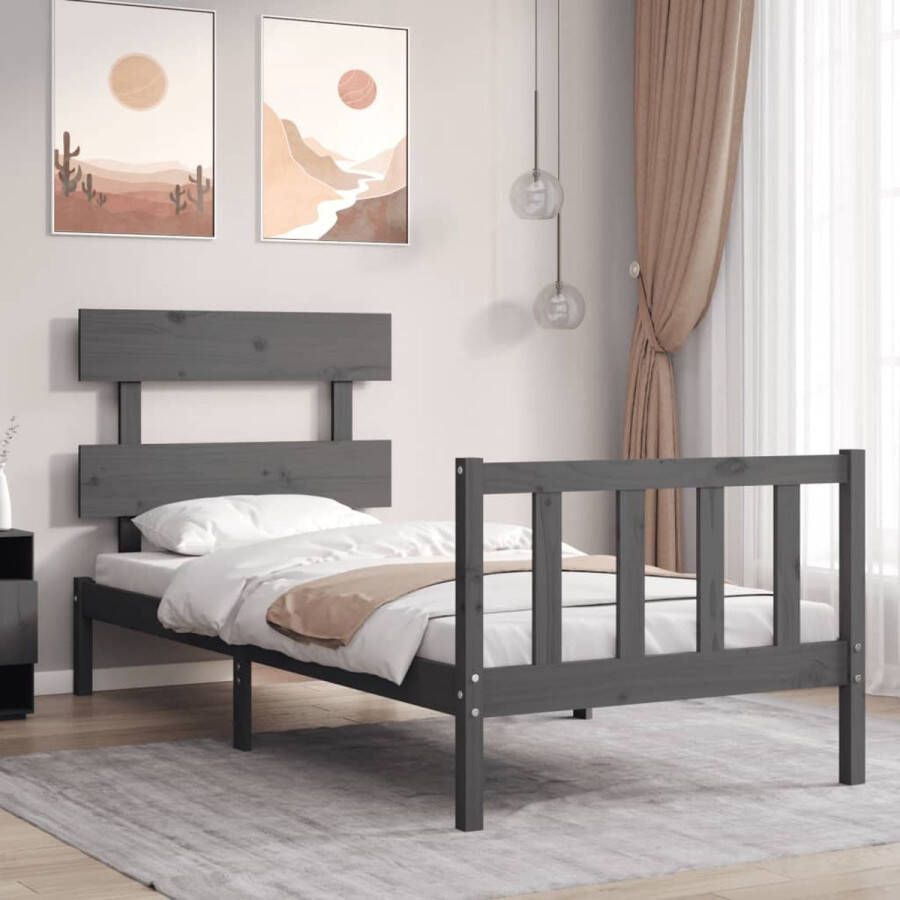 The Living Store Bedframe met hoofdbord massief hout grijs 3FT Single Bedframe Bedframes Bed Eenpersoonsbed Slaapkamermeubel Houten Bedframe Houten Bed Bedbodem Massief Houten Bedframe Ledikant Bedframe Met Hoofdeinde - Foto 2