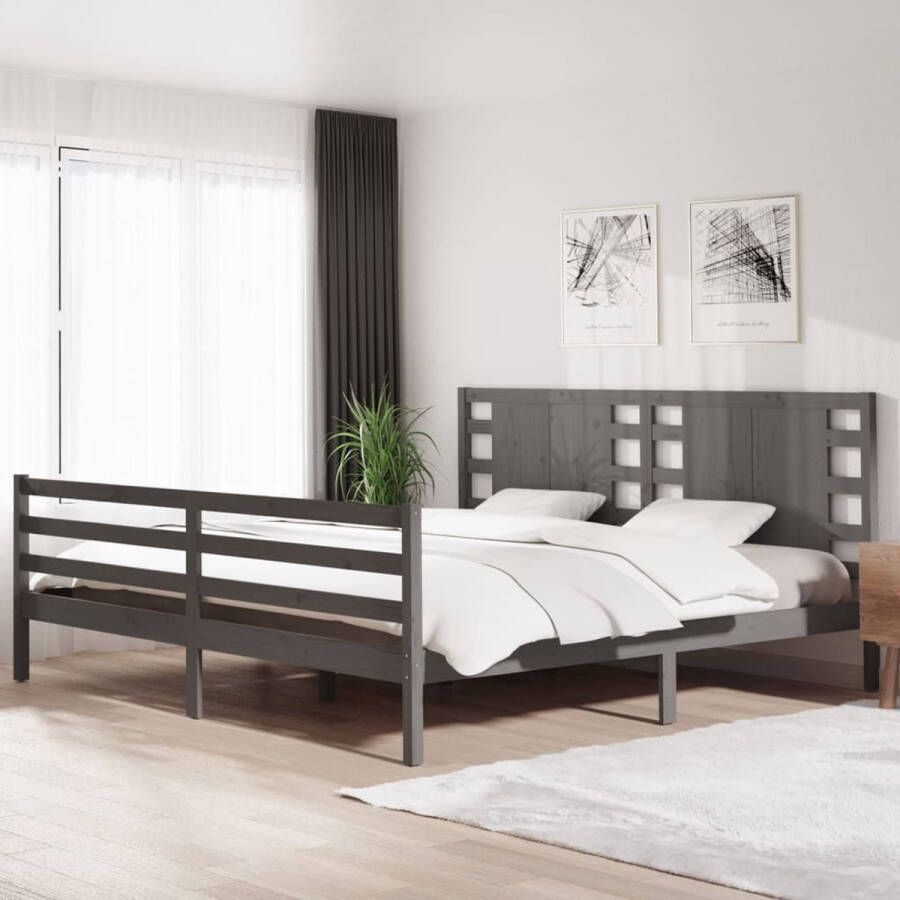 The Living Store Bedframe massief grenenhout grijs 200x200 cm Bedframe Bedframes Bed Bedbodem Ledikant Bed Frame Massief Houten Bedframe Slaapmeubel Tweepersoonsbed Bedden Bedbodems