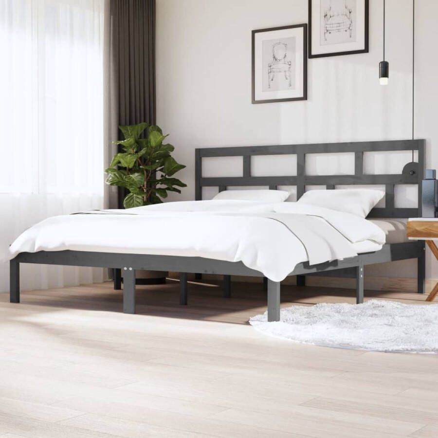 The Living Store Bedframe massief grenenhout grijs 200x200 cm Bedframe Bedframes Bed Bedbodem Ledikant Bed Frame Massief Houten Bedframe Slaapmeubel Tweepersoonsbed Bedden Bedbodems