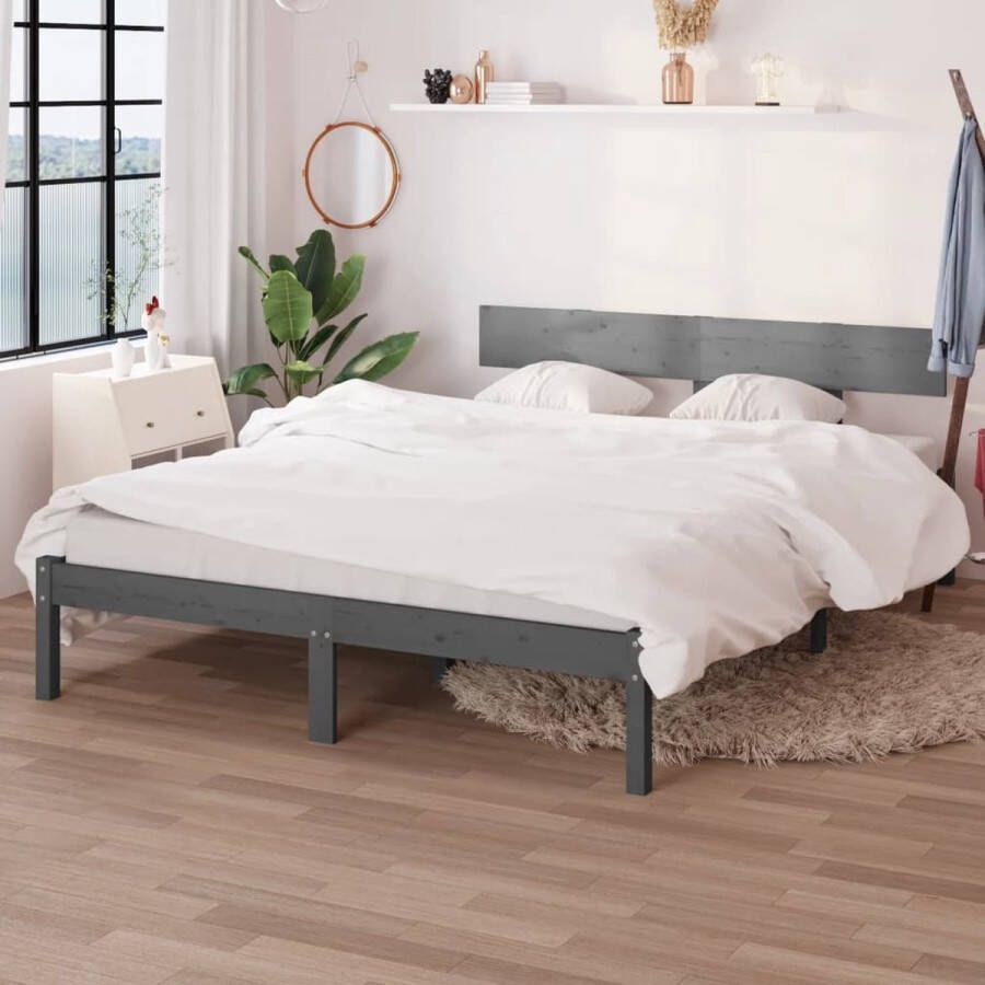 The Living Store Bedframe massief grenenhout grijs 200x200 cm Bedframe Bedframes Bed Bedbodem Ledikant Bed Frame Massief Houten Bedframe Slaapmeubel Tweepersoonsbed Bedden Bedbodems
