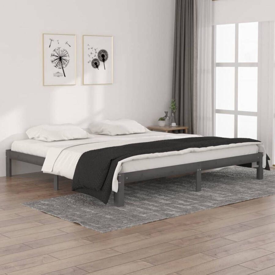 The Living Store Bedframe massief grenenhout grijs 200x200 cm Bedframe Bedframes Bed Bedbodem Ledikant Bed Frame Massief Houten Bedframe Slaapmeubel Tweepersoonsbed Bedden Bedbodems