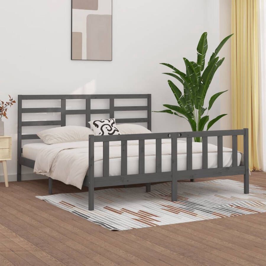 The Living Store Bedframe massief grenenhout grijs 200x200 cm Bedframe Bedframes Bed Bedbodem Ledikant Bed Frame Massief Houten Bedframe Slaapmeubel Tweepersoonsbed Bedden Bedbodems