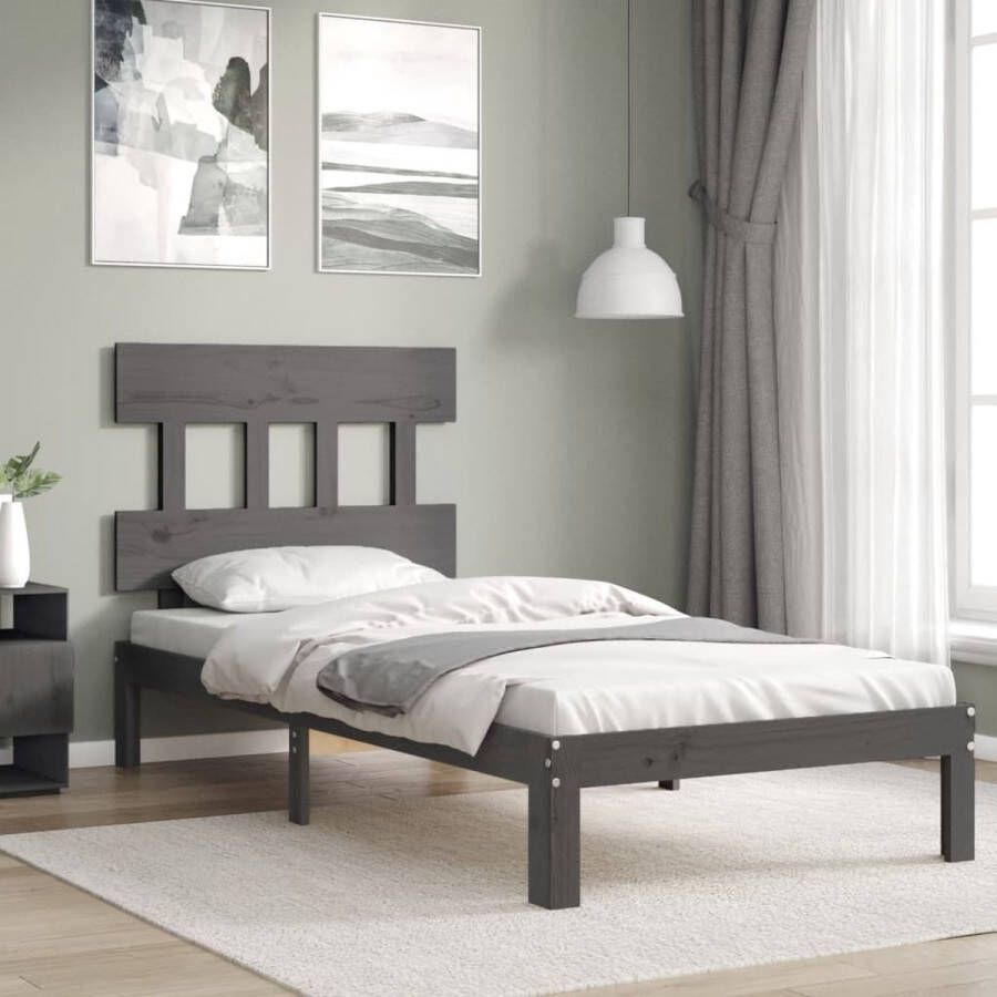 The Living Store Bedframe met hoofdbord massief hout grijs 90x200 cm Bedframe Bedframes Bed Eenpersoonsbed Slaapkamermeubel Houten Bedframe Houten Bed Bedbodem Massief Houten Bedframe Ledikant Bedframe Met Hoofdeinde