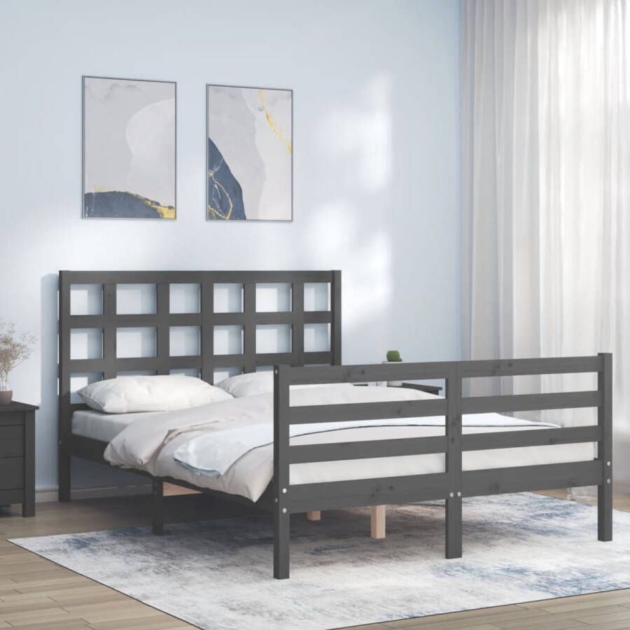 The Living Store Bedframe met hoofdbord massief hout grijs 120x200 cm Bedframe Bedframes Bed Tweepersoonsbed Slaapkamermeubel Houten Bedframe Houten Bed Bedbodem Massief Houten Bedframe Ledikant Bedframe Met Hoofdeinde - Foto 2