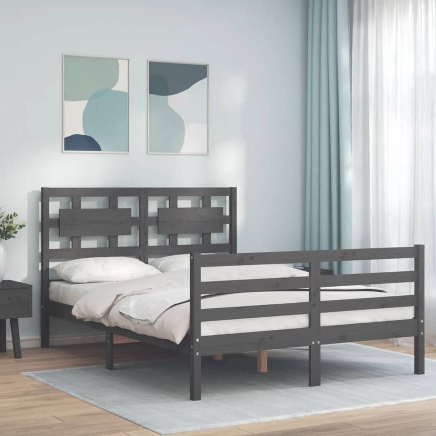 The Living Store Bedframe Massief Grenenhout Grijs 205.5 x 145.5 x 100 cm Functioneel hoofd- en voeteneinde Montage vereist