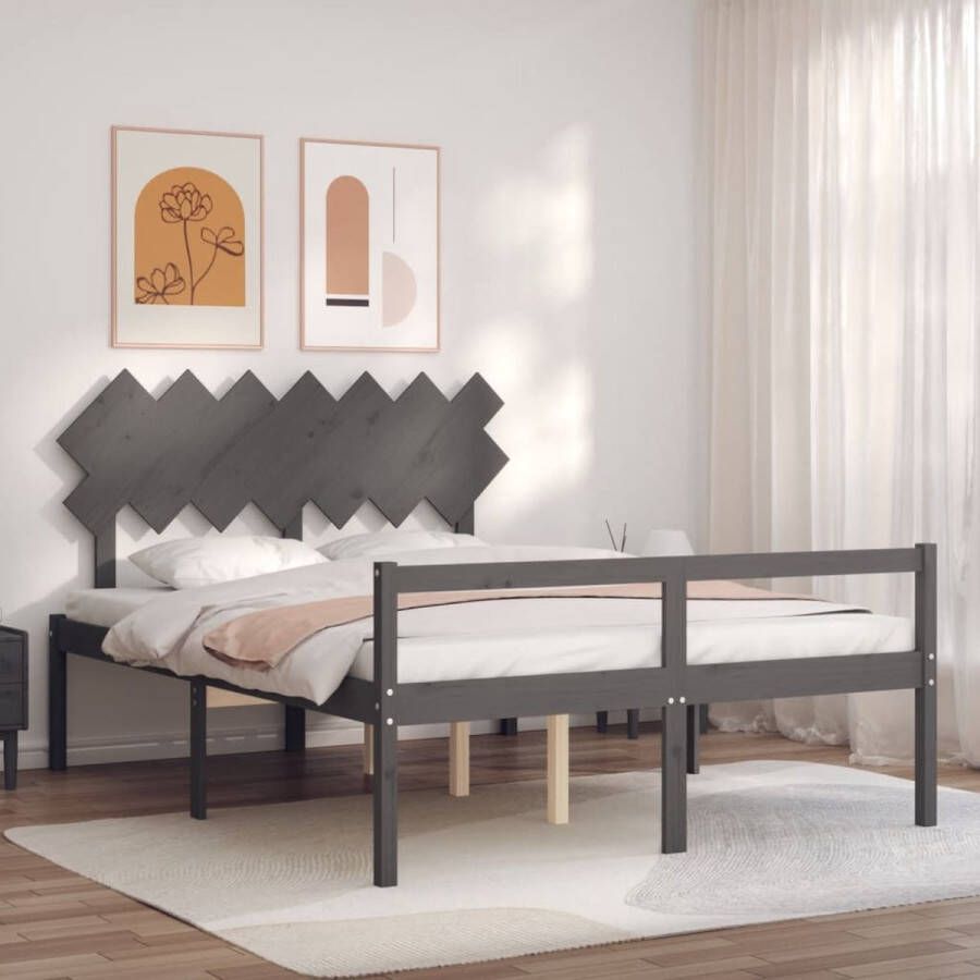 The Living Store Bedframe met hoofdbord massief hout grijs 5 FT King Bedframe Bedframes Bed Tweepersoonsbed Slaapkamermeubel Houten Bedframe Houten Bed Bedbodem Massief Houten Bedframe Ledikant Bedframe Met Hoofdeinde