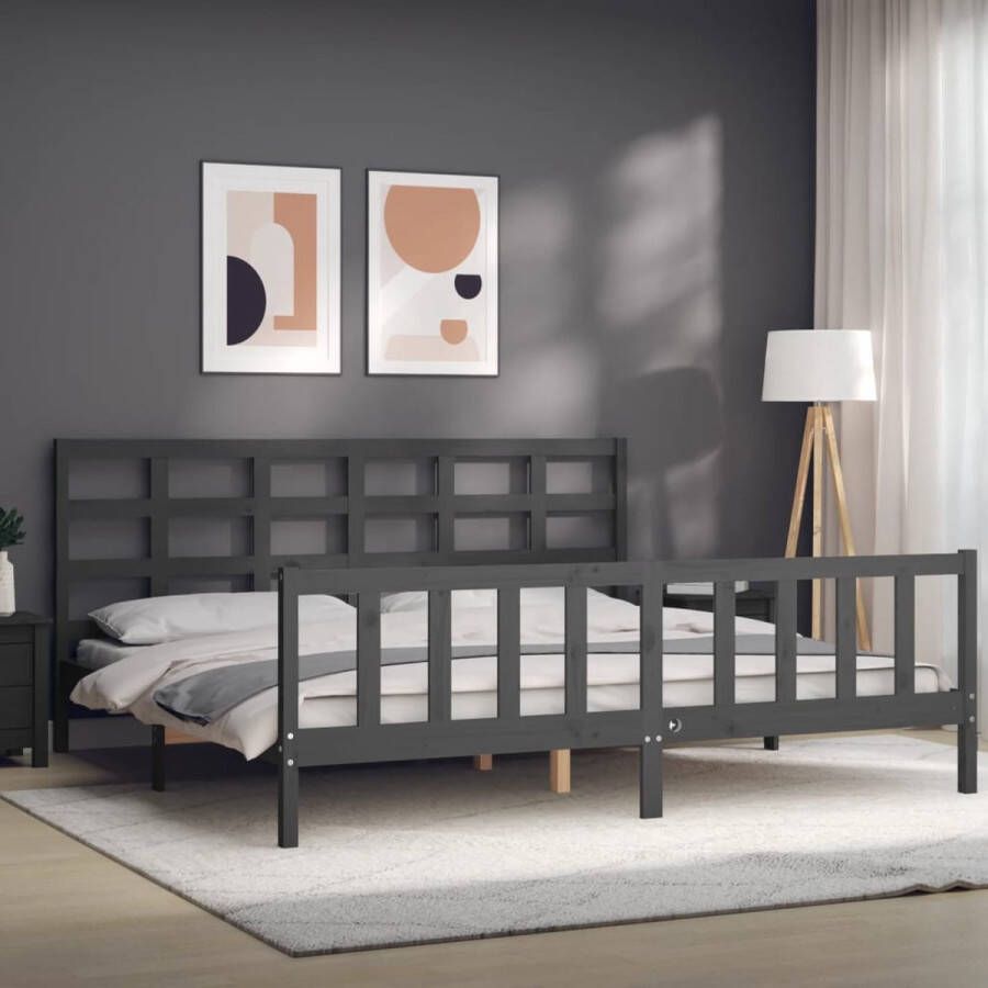 The Living Store Massief grenenhouten bedframe grijs 205.5 x 205.5 x 100 cm multiplex lattenbodem functioneel hoofd- en voeteneinde matras niet inbegrepen Massief Hout Bed Grenenhout Bed Grijs Bed Tweepersoons Bed Boxspring Frame - Foto 5