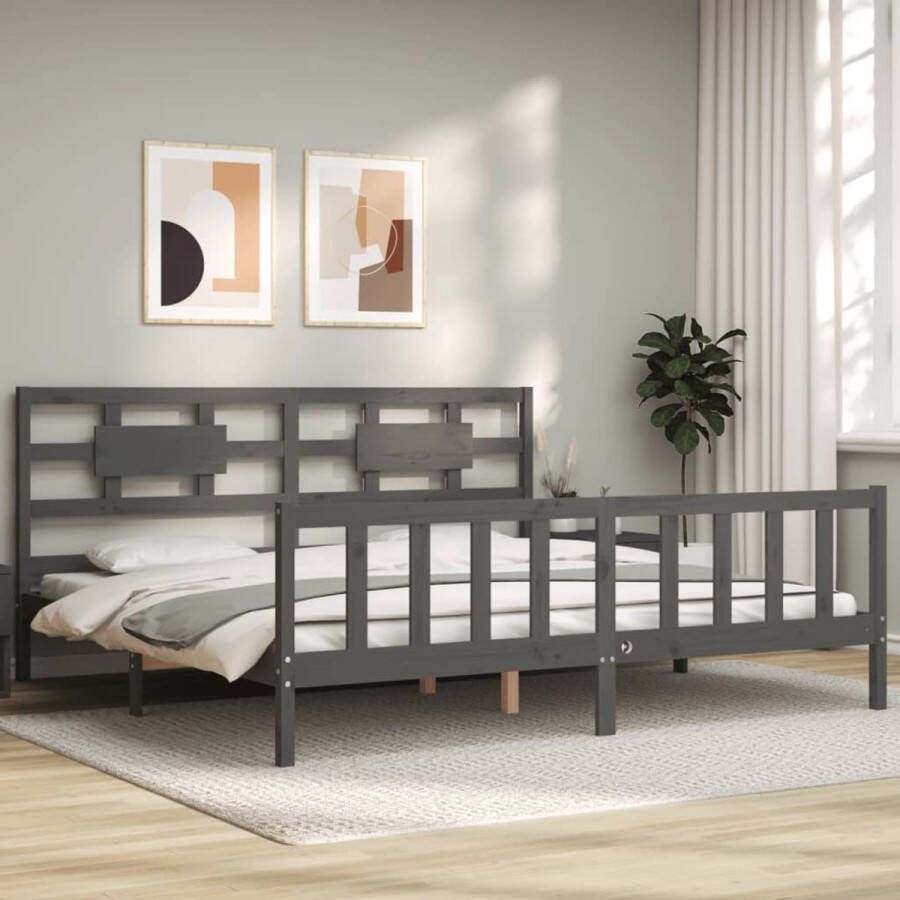 The Living Store Bedframe met hoofdbord massief hout grijs 200x200 cm Bedframe Bedframes Bed Tweepersoonsbed Slaapkamermeubel Houten Bedframe Houten Bed Bedbodem Massief Houten Bedframe Ledikant Bedframe Met Hoofdeinde - Foto 6