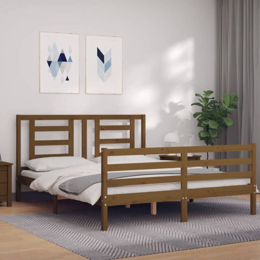 The Living Store Bedframe Massief Grenenhout Honingbruin 205.5 x 165.5 x 100 cm Multiplex Lattenbodem