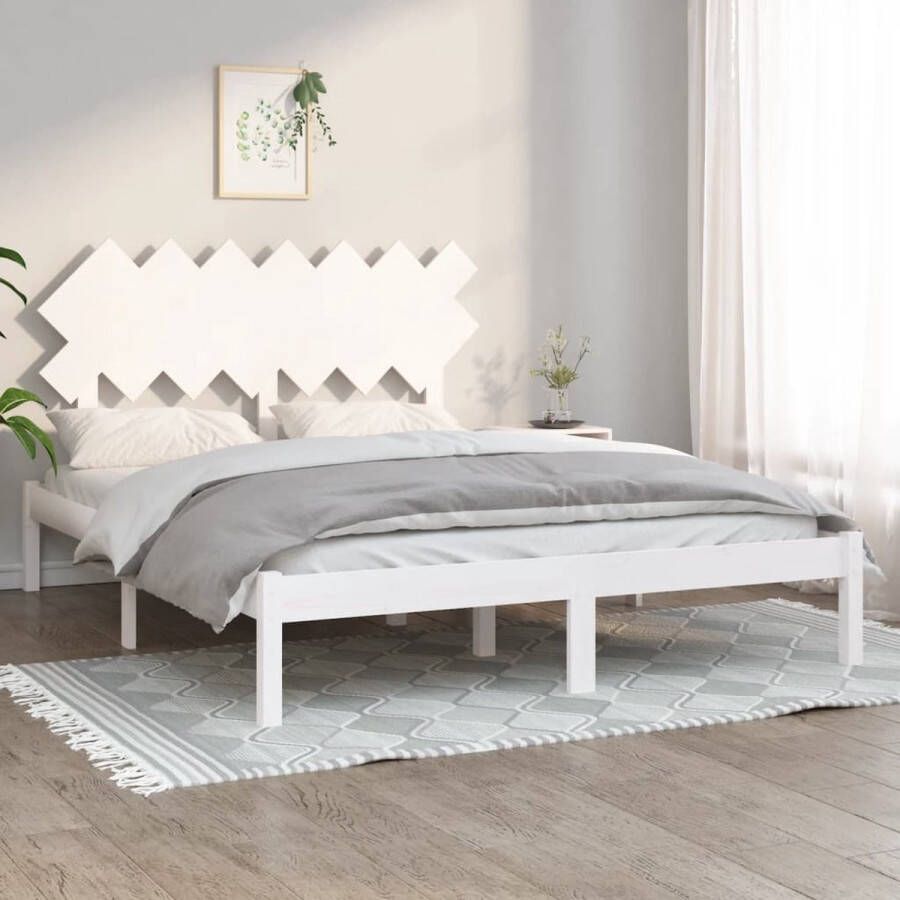 The Living Store Bedframe Massief Grenenhout Modern Bedframe Afmeting- 205.5 x 155.5 cm Kleur- Wit