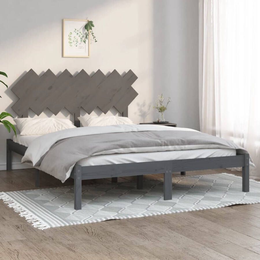 The Living Store Bedframe massief hout grijs 140x190 cm Bedframe Bedframes Bed Bedbodem Ledikant Bed Frame Massief Houten Bedframe Slaapmeubel Tweepersoonsbed Bedden Bedbodems