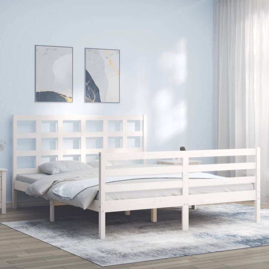 The Living Store Bedframe met hoofdbord massief hout wit 160x200 cm Bedframe Bedframes Bed Tweepersoonsbed Slaapkamermeubel Houten Bedframe Houten Bed Bedbodem Massief Houten Bedframe Ledikant Bedframe Met Hoofdeinde - Foto 3