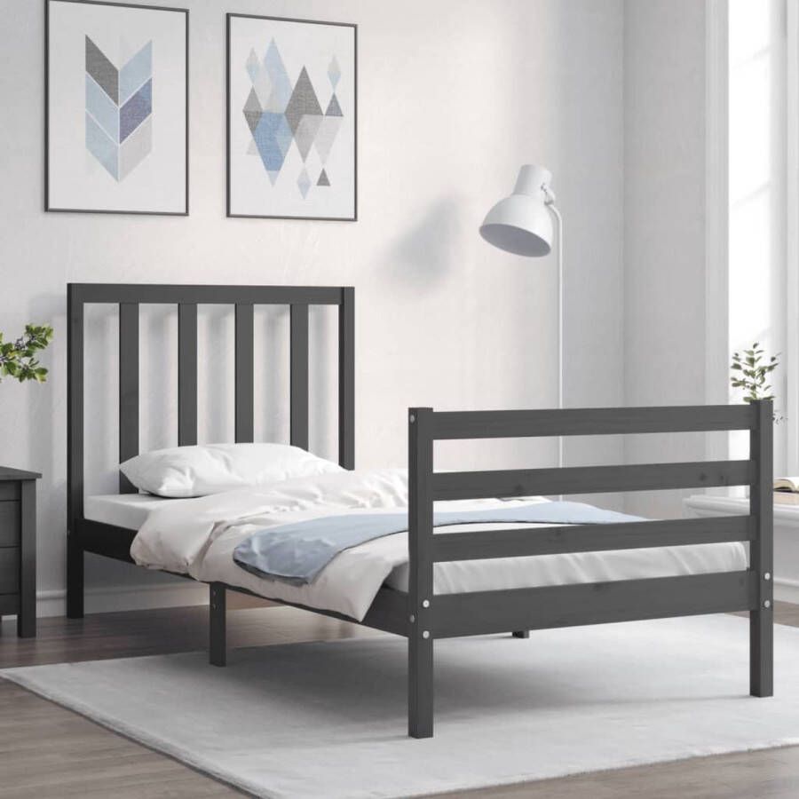 The Living Store Bedframe met hoofdbord massief hout grijs 90x200 cm Bedframe Bedframes Bed Eenpersoonsbed Slaapkamermeubel Houten Bedframe Houten Bed Bedbodem Massief Houten Bedframe Ledikant Bedframe Met Hoofdeinde