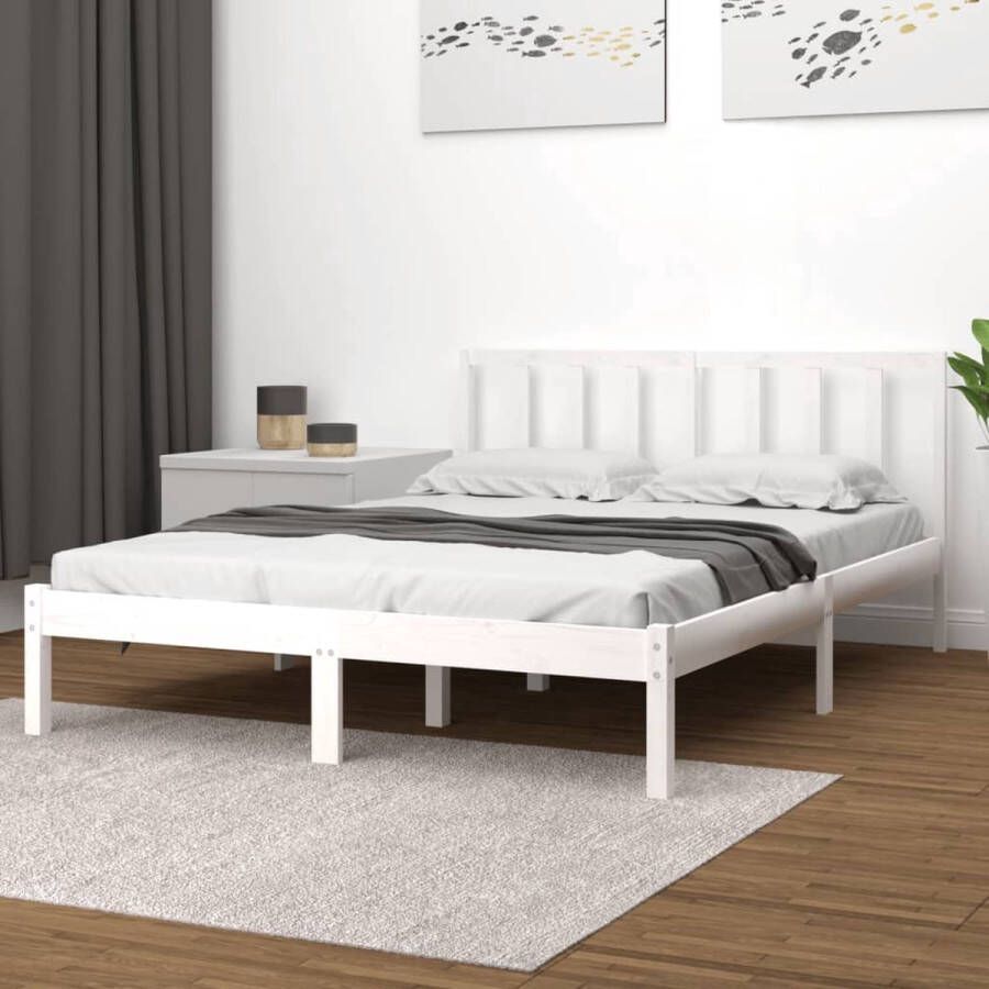 The Living Store Bedframe Wit Grenenhout 205.5 x 146 x 100 cm 140 x 200 cm Stabiel en comfortabel Houten Bedframe Tweepersoons Bed Wit Bed Bedframe Met Hoofdbord Grenenhout Bedframe