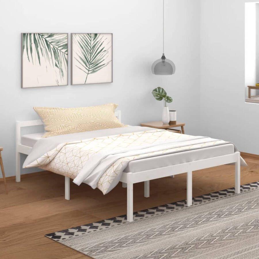 The Living Store Houten Bedframe 205.5 x 155.5 x 70.5 cm Wit Massief grenenhout Geschikt voor 150 x 200 cm matras (5FT king) Houten Bedframe Seniorenbed Bed Voor Volwassenen Groot Tweepersoonsbed Massief Grenenhout Bed