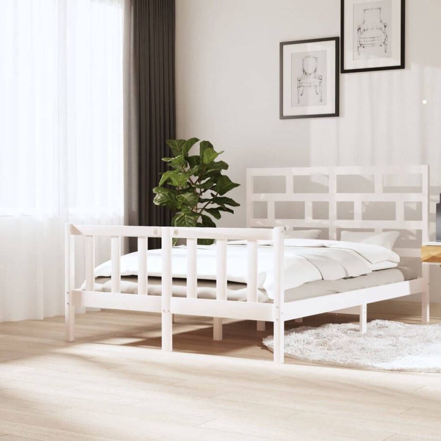 The Living Store Bedframe massief grenenhout wit 150x200 cm 5FT king size Bedframe Bedframes Bed Bedbodem Ledikant Bed Frame Massief Houten Bedframe Slaapmeubel Tweepersoonsbed Bedden Bedbodems