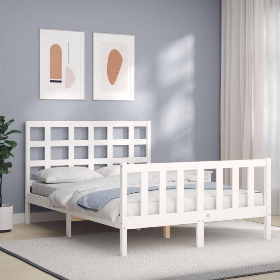 The Living Store Bedframe met hoofdbord massief hout wit 140x200 cm Bedframe Bedframes Bed Tweepersoonsbed Slaapkamermeubel Houten Bedframe Houten Bed Bedbodem Massief Houten Bedframe Ledikant Bedframe Met Hoofdeinde - Foto 5