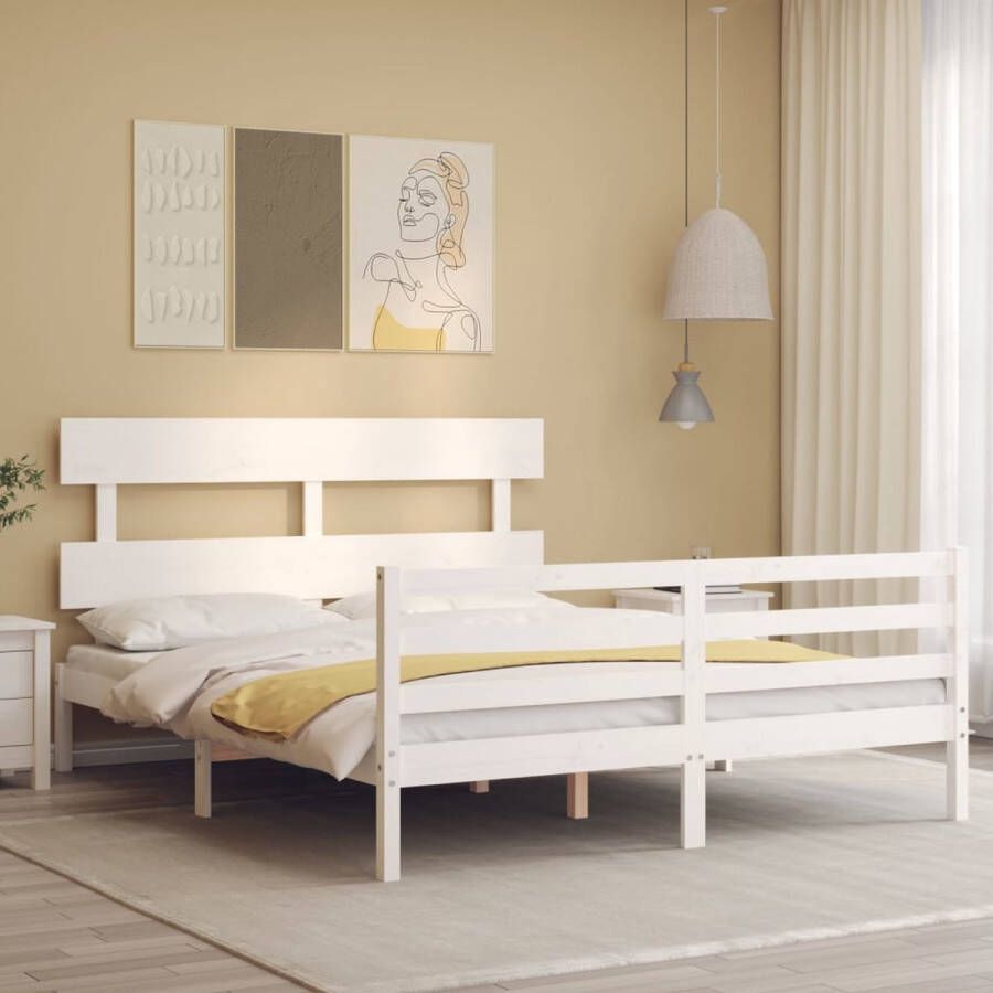 The Living Store Bedframe met hoofdbord massief hout wit 160x200 cm Bedframe Bedframes Bed Tweepersoonsbed Slaapkamermeubel Houten Bedframe Houten Bed Bedbodem Massief Houten Bedframe Ledikant Bedframe Met Hoofdeinde - Foto 3