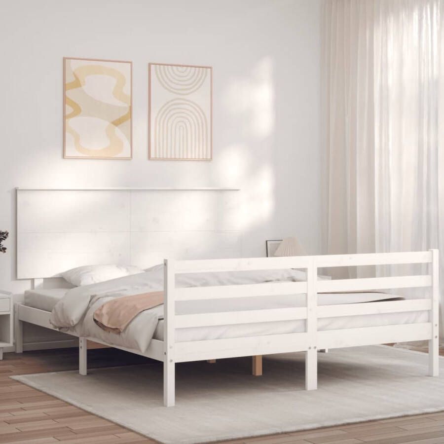 The Living Store Bedframe Massief Grenenhout Wit 205.5x155.5x82.5 cm Multiplex Lattenbodem Massief Hout Bed Grenenhouten Bed Wit Bed Frame King Size Bed Boxspring Bed - Foto 2