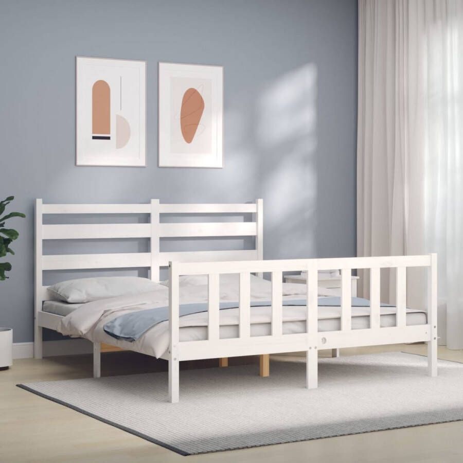 The Living Store Bedframe met hoofdbord massief hout wit 160x200 cm Bedframe Bedframes Bed Tweepersoonsbed Slaapkamermeubel Houten Bedframe Houten Bed Bedbodem Massief Houten Bedframe Ledikant Bedframe Met Hoofdeinde