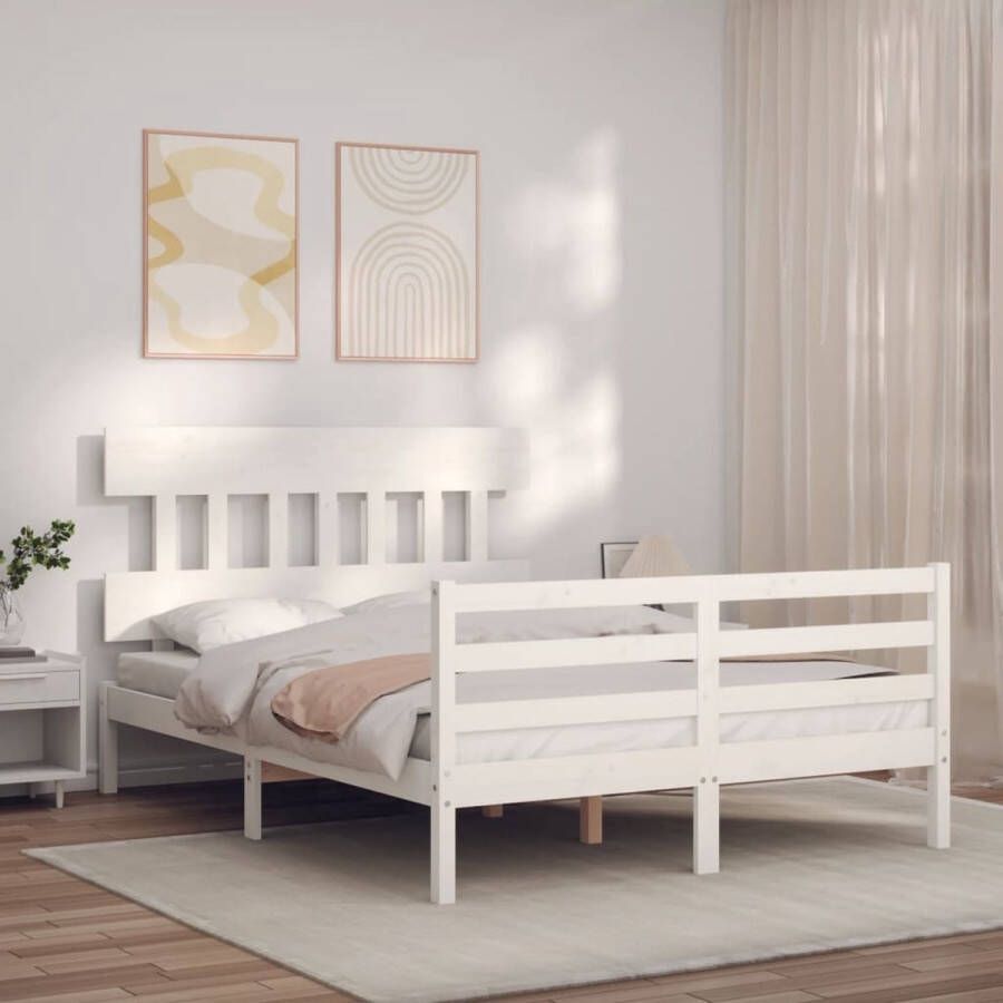 The Living Store Bedframe met hoofdbord massief hout wit 4FT Small Double Bedframe Bedframes Bed Tweepersoonsbed Slaapkamermeubel Houten Bedframe Houten Bed Bedbodem Massief Houten Bedframe Ledikant Bedframe Met Hoofdeinde
