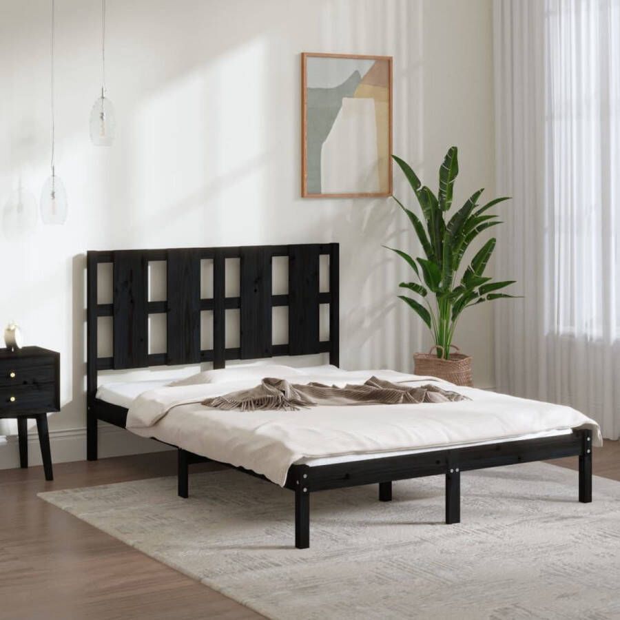 The Living Store Bedframe Zwart Grenenhout 195.5 x 145.5 x 100 cm Massief hout Multiplex Lattenbodem Hoofdeinde Geschikt voor 140 x 190 cm matras Modern Bed Frame Houten Bed Grenenhouten Bed Boxspring Bed Tweepersoons Bed