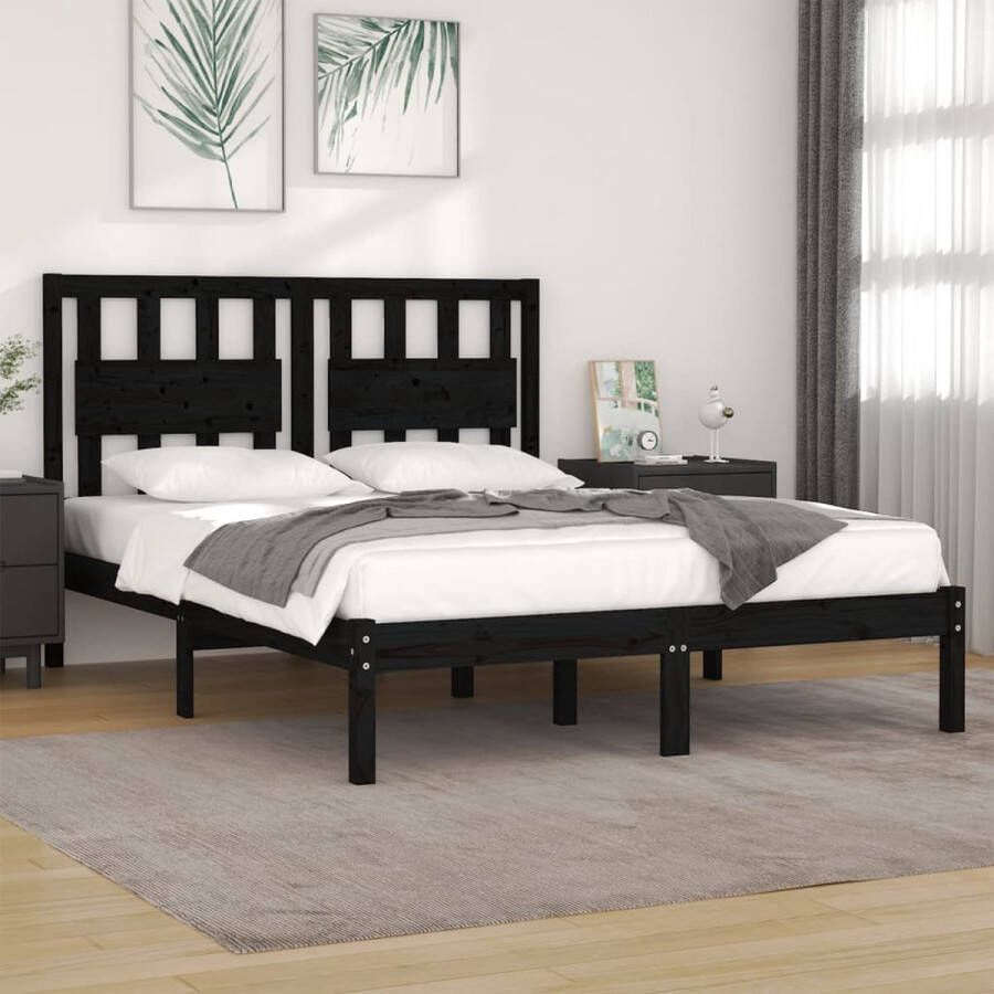The Living Store Bedframe massief grenenhout zwart 140x190 cm Bedframe Bedframes Tweepersoonsbed Bed Bedombouw Dubbel Bed Frame Bed Frame Ledikant Houten Bedframe Tweepersoonsbedden - Foto 2
