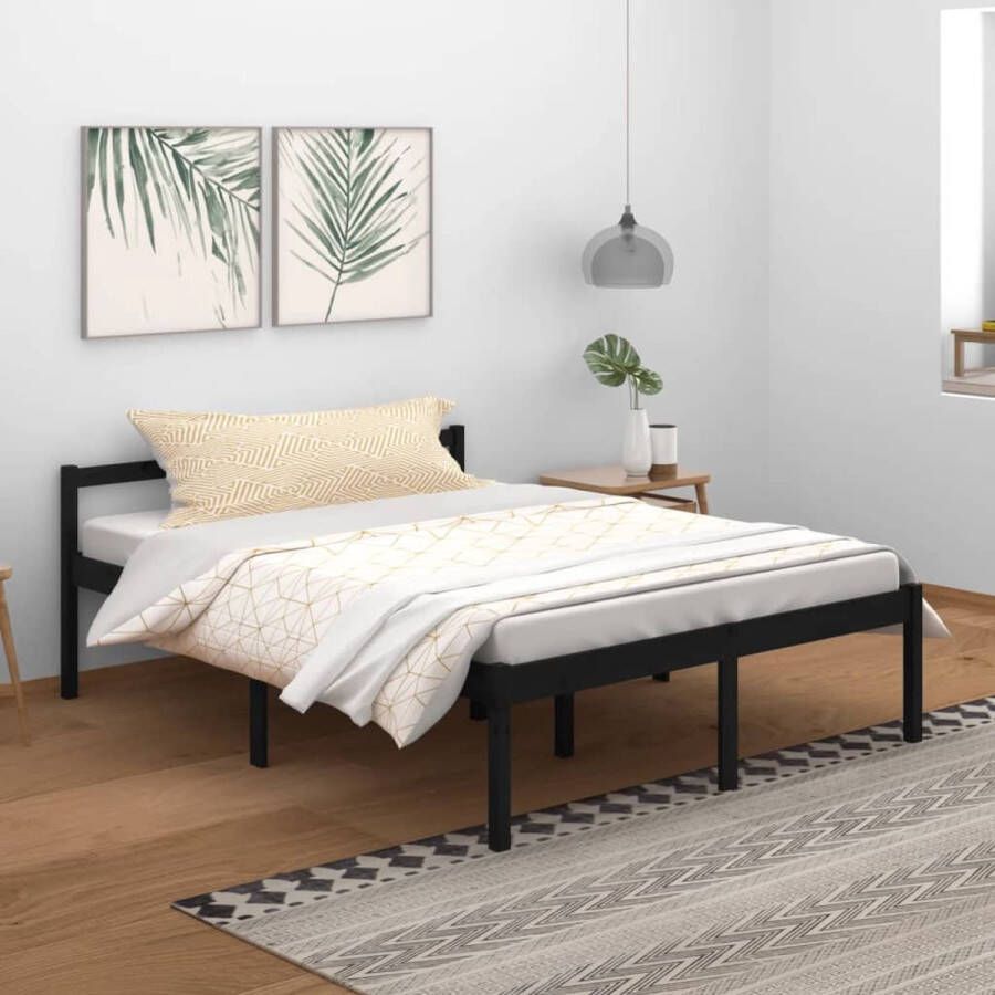 The Living Store Bedframe massief grenenhout zwart 150x200 cm 5FT king Bedframe Bedframes Bed Bedbodem Ledikant Bed Frame Massief Houten Bedframe Slaapmeubel Tweepersoonsbed Bedden Bedbodems