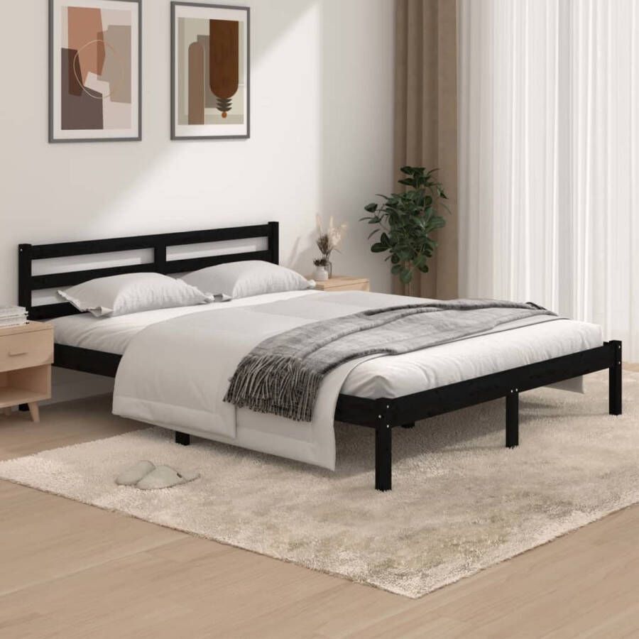 The Living Store Bedframe massief grenenhout zwart 150x200 cm 5FT King Size Bedframe Bedframes Bed Bedbodem Ledikant Bed Frame Massief Houten Bedframe Slaapmeubel Bedden Bedbodems Ledikanten